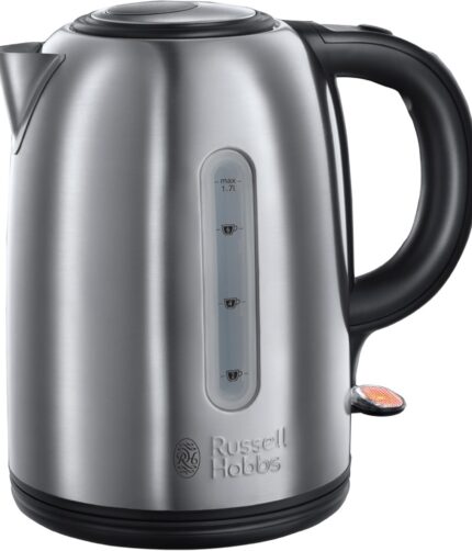 ON SALE,  Russell Hobbs Brushed Stainless Steel & Black Electric 1.7L Cordless Kettle (Fast Boil 3KW, Removable Washable Anti-Scale Filter, Push to Open lid, Perfect Pour spout) 20441